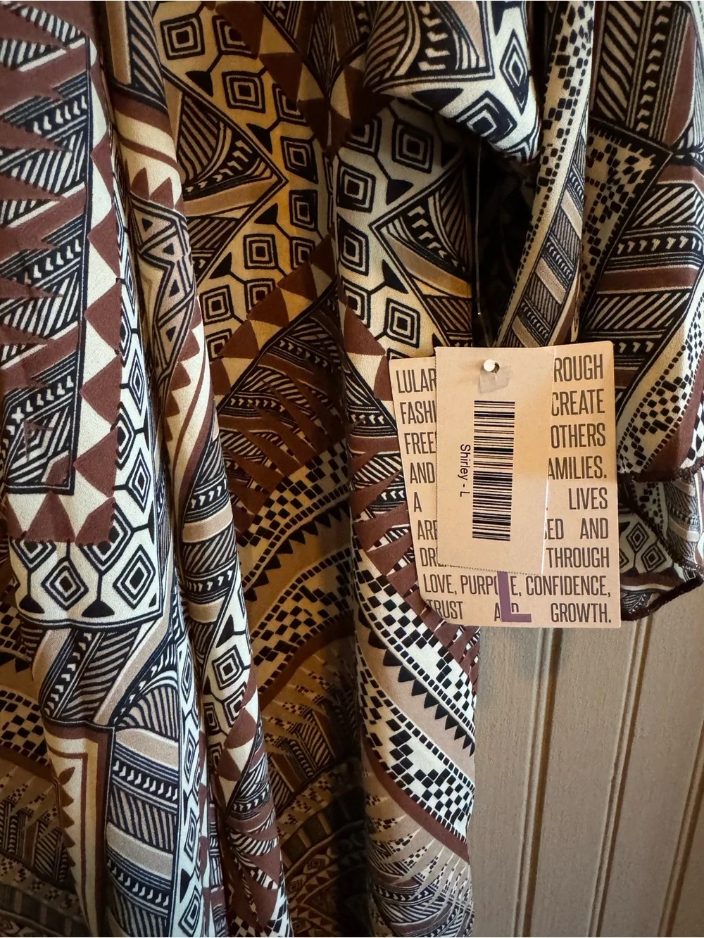 NWT LuLaRoe Printed Shirley in Brown and Cream Geometric Pattern sheer duster
